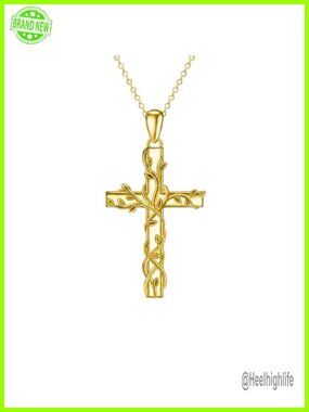 14K Gold Plated Cross Necklace Vines Christian Pendant Women